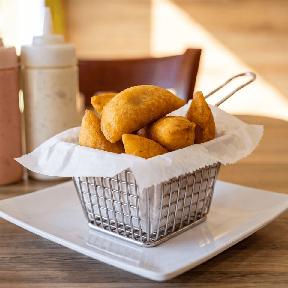 Basket of golden fried pastries on parchment atop a white plate, with condiment bottles on a wooden restaurant table.