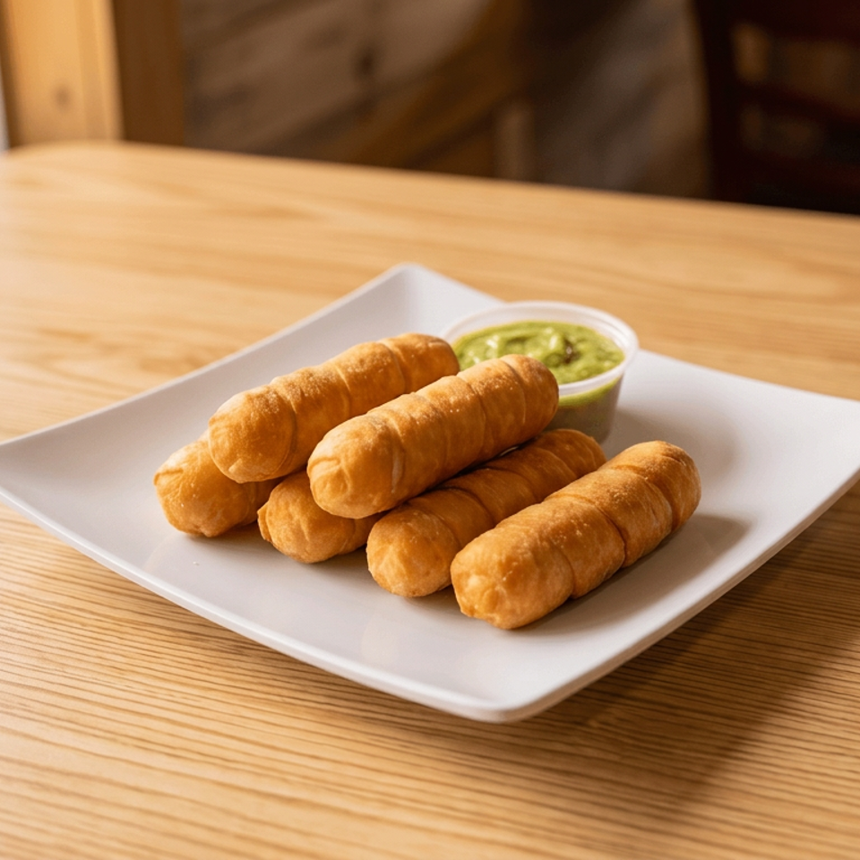 Golden fried cheese sticks arranged on a white plate with green dipping sauce on a wooden restaurant table.