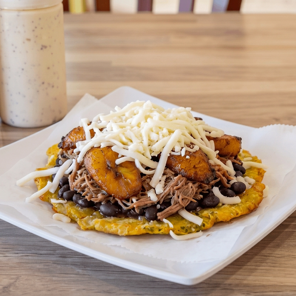 Plate of shredded beef, black beans, fried plantains, and melted cheese atop a golden corn patty, with sauces on a wooden table.