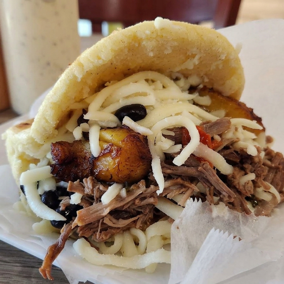 Loaded arepa sandwich with shredded meat, beans, plantains, cheese, and onions on a white plate.