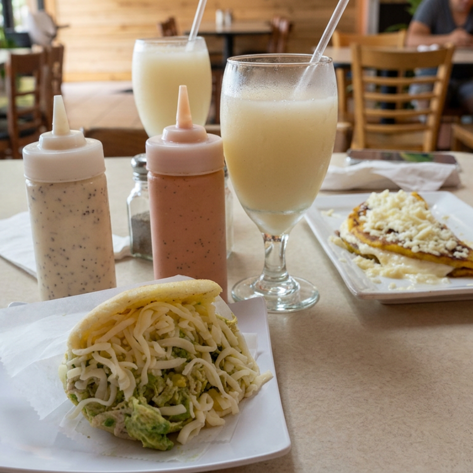 Restaurant table with a cheese-topped taco, stuffed tortilla, creamy sauces, and two pale fruit drinks.