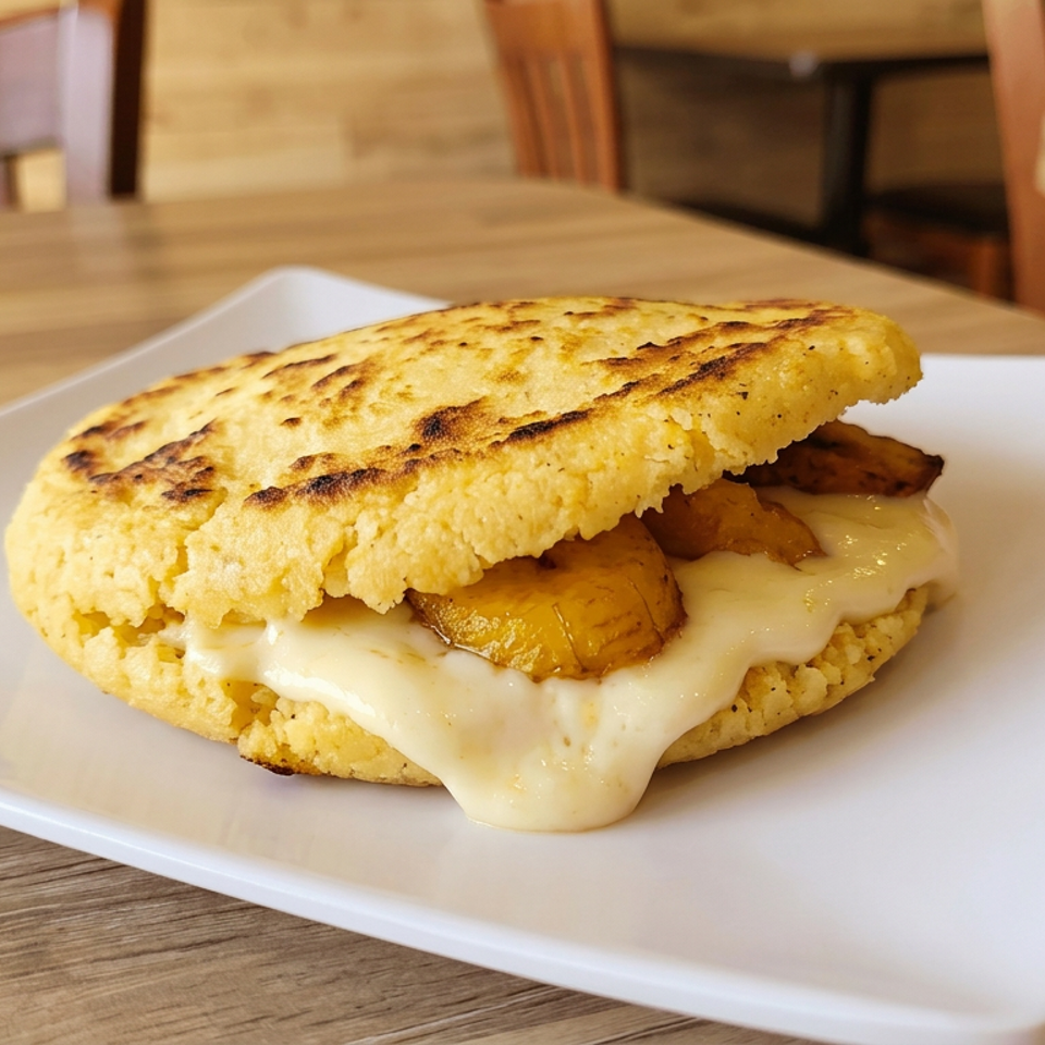 Grilled cornmeal sandwich filled with melted cheese and roasted vegetables, served on a white plate in a wooden restaurant setting.
