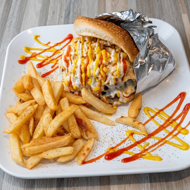 Hamburguesa Pachanga Mixta (Pachanga Steak and Chicken Burger).